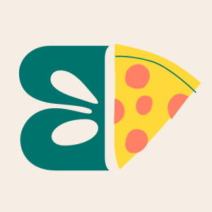 un B majuscule effet miroir on y voit la part de pizza du logo adossée.