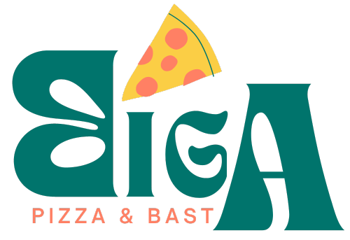 logo textuel biga et un part de pizza en guise de point sur le i