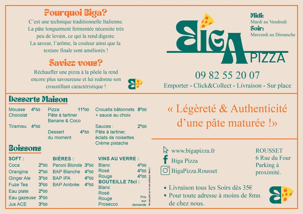 carte pizza biga des boissons et desserts maisons plus l'explication du nom biga ethymologie et petit conseil pour réchauffer sa pizza à la poêle